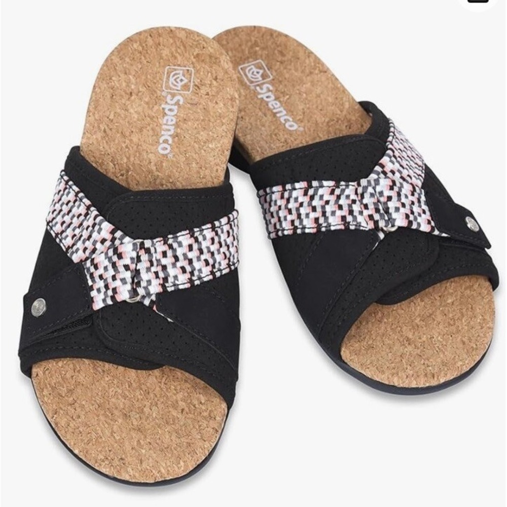 NEW‎ Spenco Bonaire Slide Sandals Womens 7.5 Black Cork Arch Support Comfort
